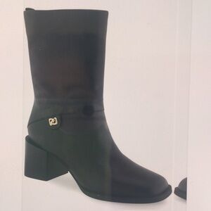 AEROSOLES Black Leather Mid-Calf Block Heel Boots